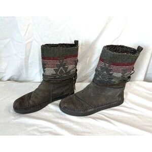Toms Nepal Suede Moccasin Jacquard Boots Women’s Size 6.5 Gray Aztec Pull On
